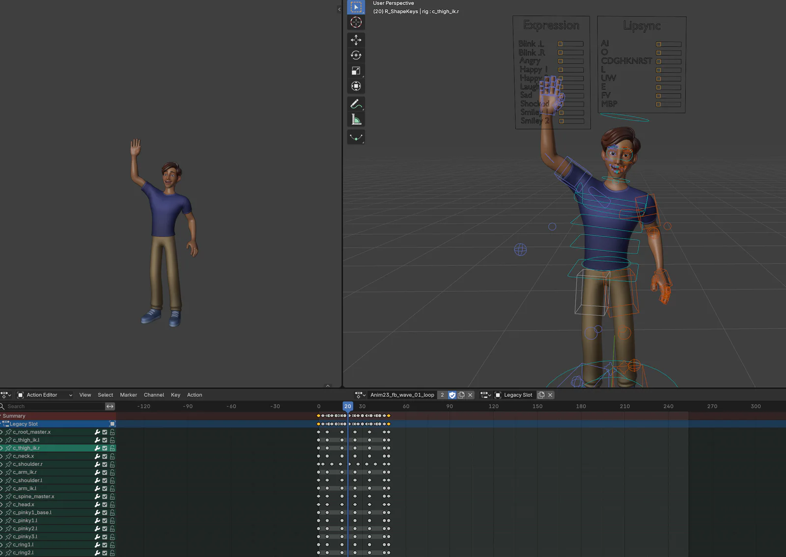 Customizable Man Cartoon Low-poly waving animation loop, character rig, and keyframes in Blender